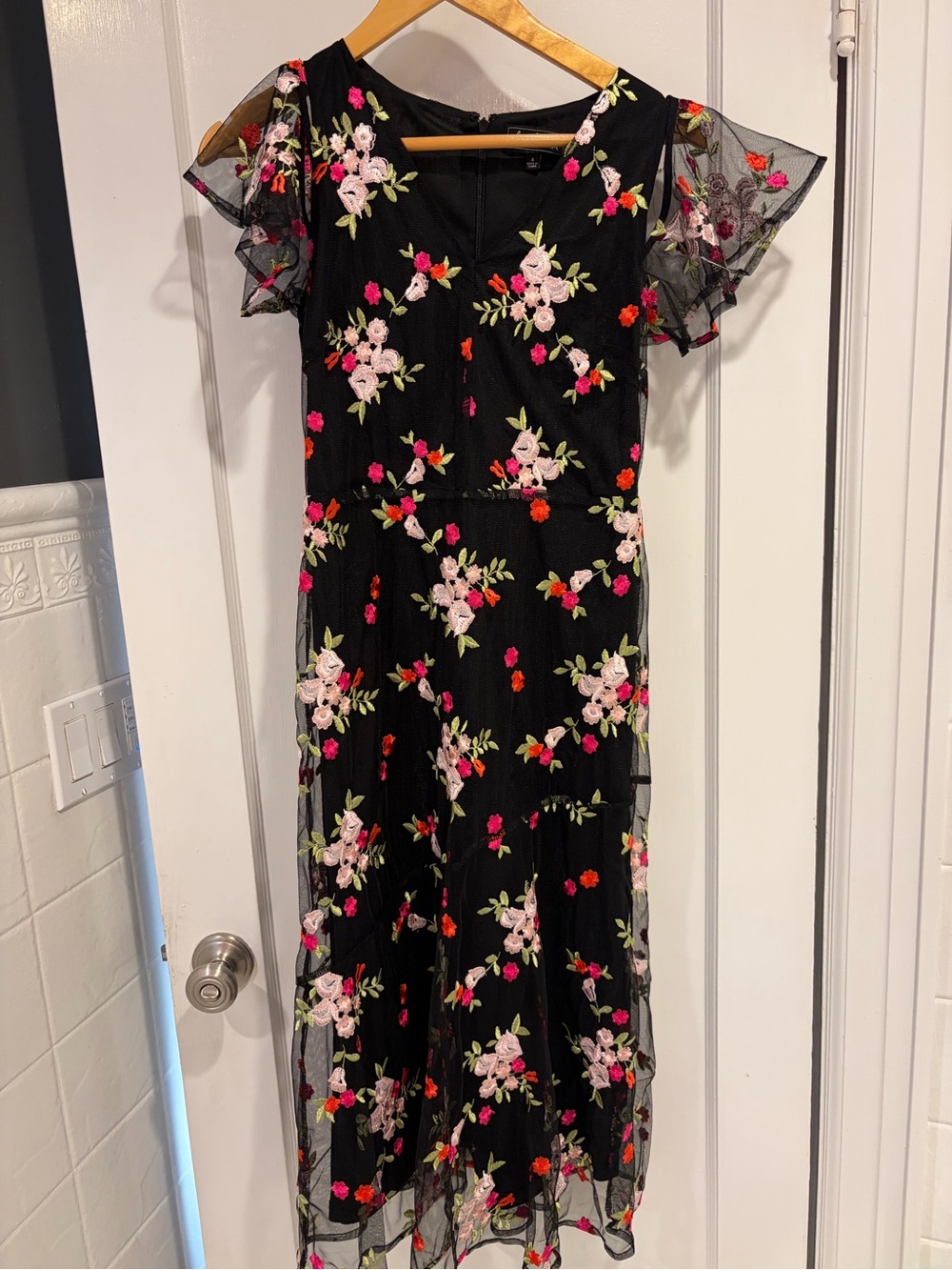 Sam Edelman Black Maxi Dress with Pink & Red Floral Embroidery